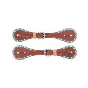 Ladies Argentina Cow Leather Spur Strap with White and Teal Rawhide