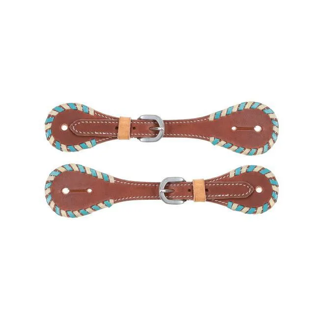 Ladies Argentina Cow Leather Spur Strap with White and Teal Rawhide