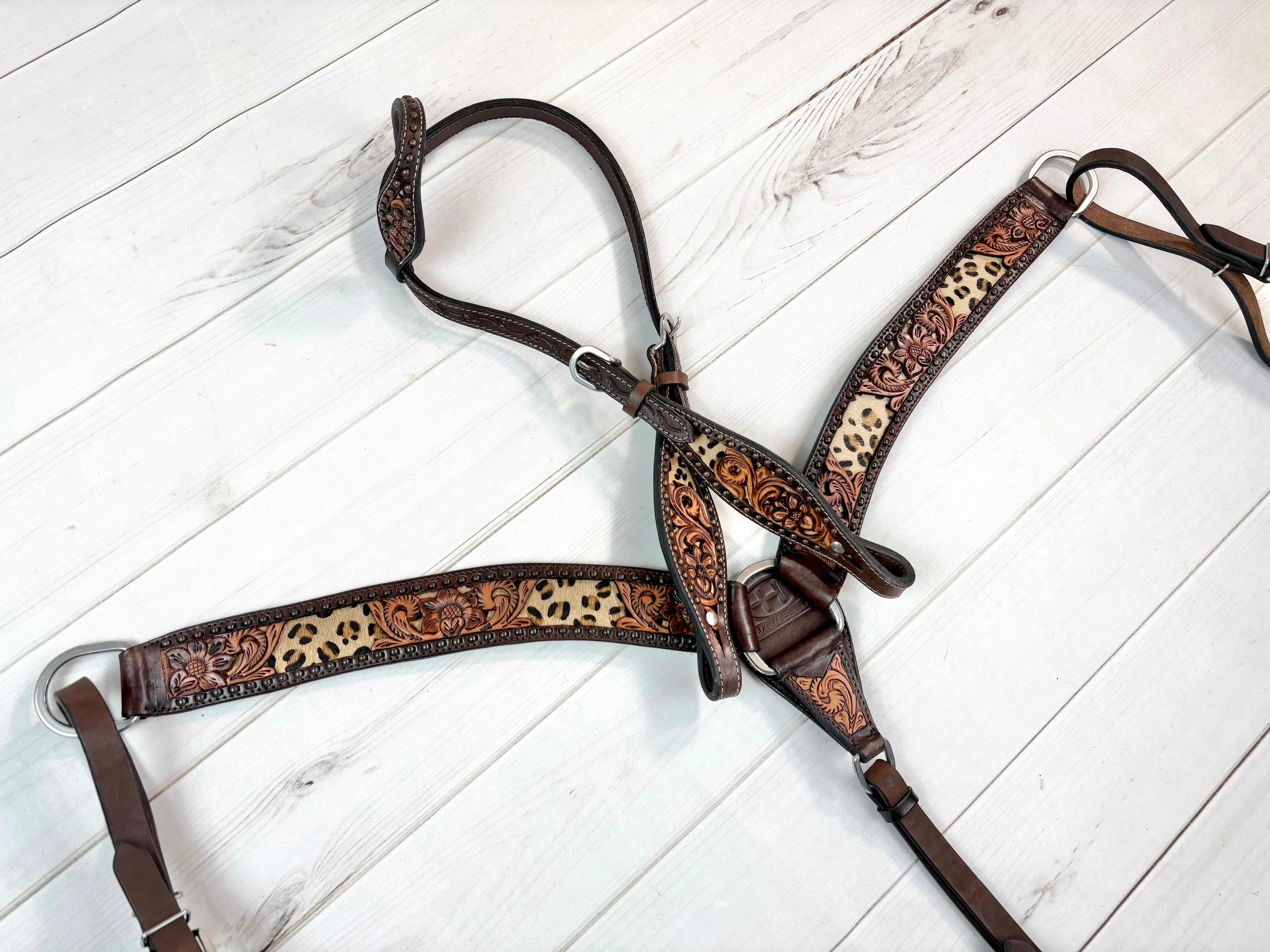 Leopard Inset Floral Tooled Leather Tack Set