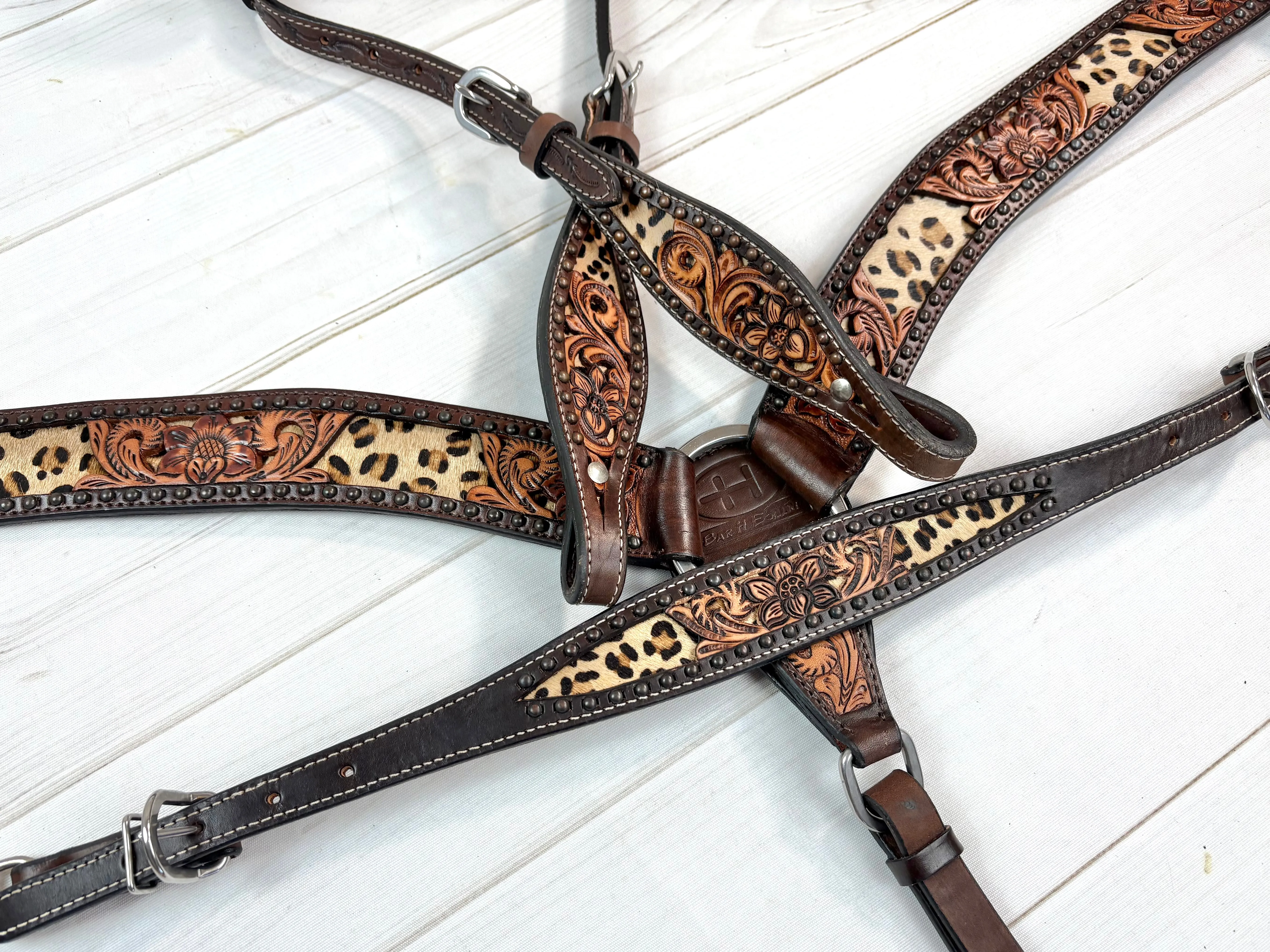 Leopard Inset Floral Tooled Leather Tack Set