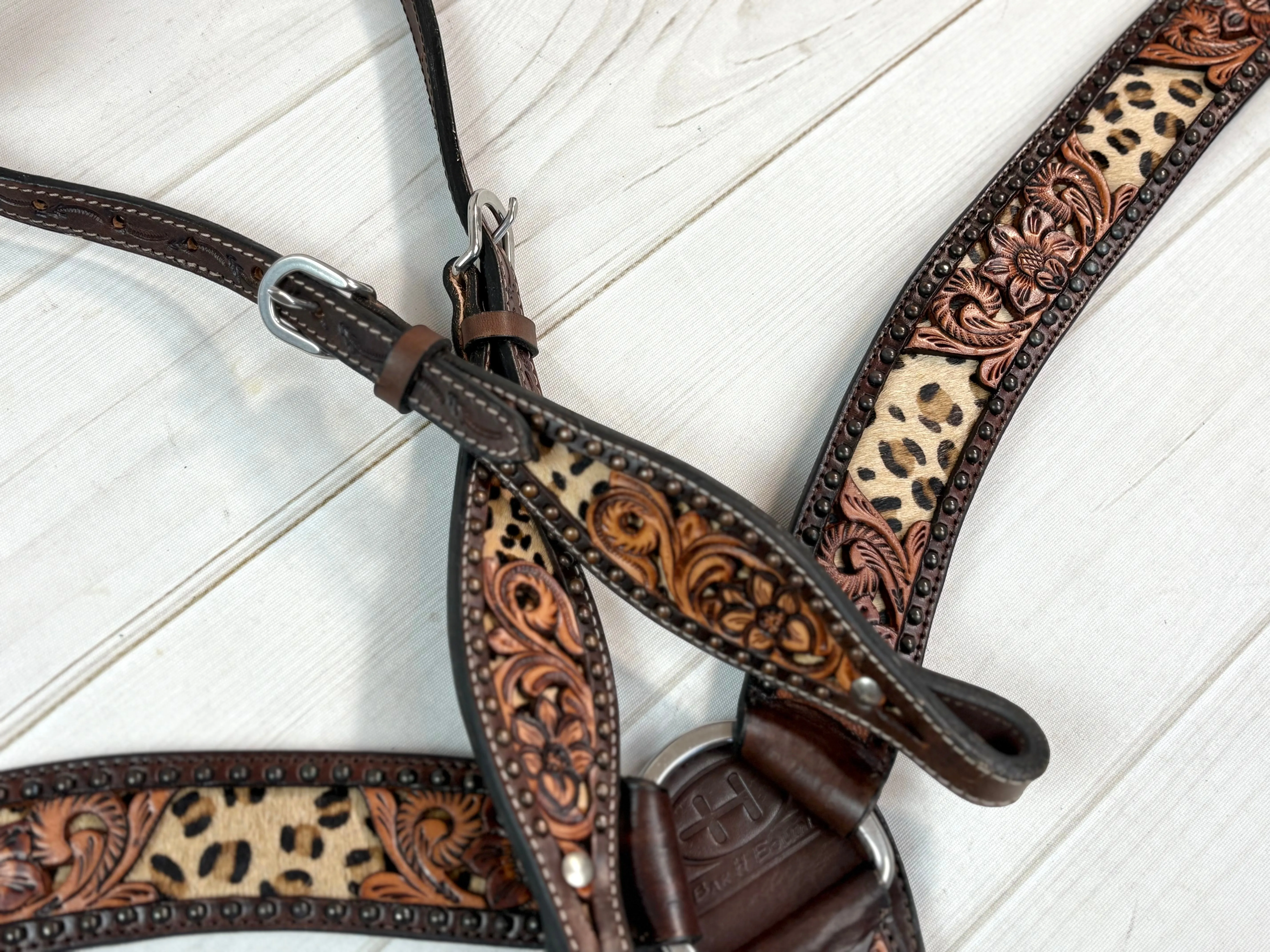 Leopard Inset Floral Tooled Leather Tack Set