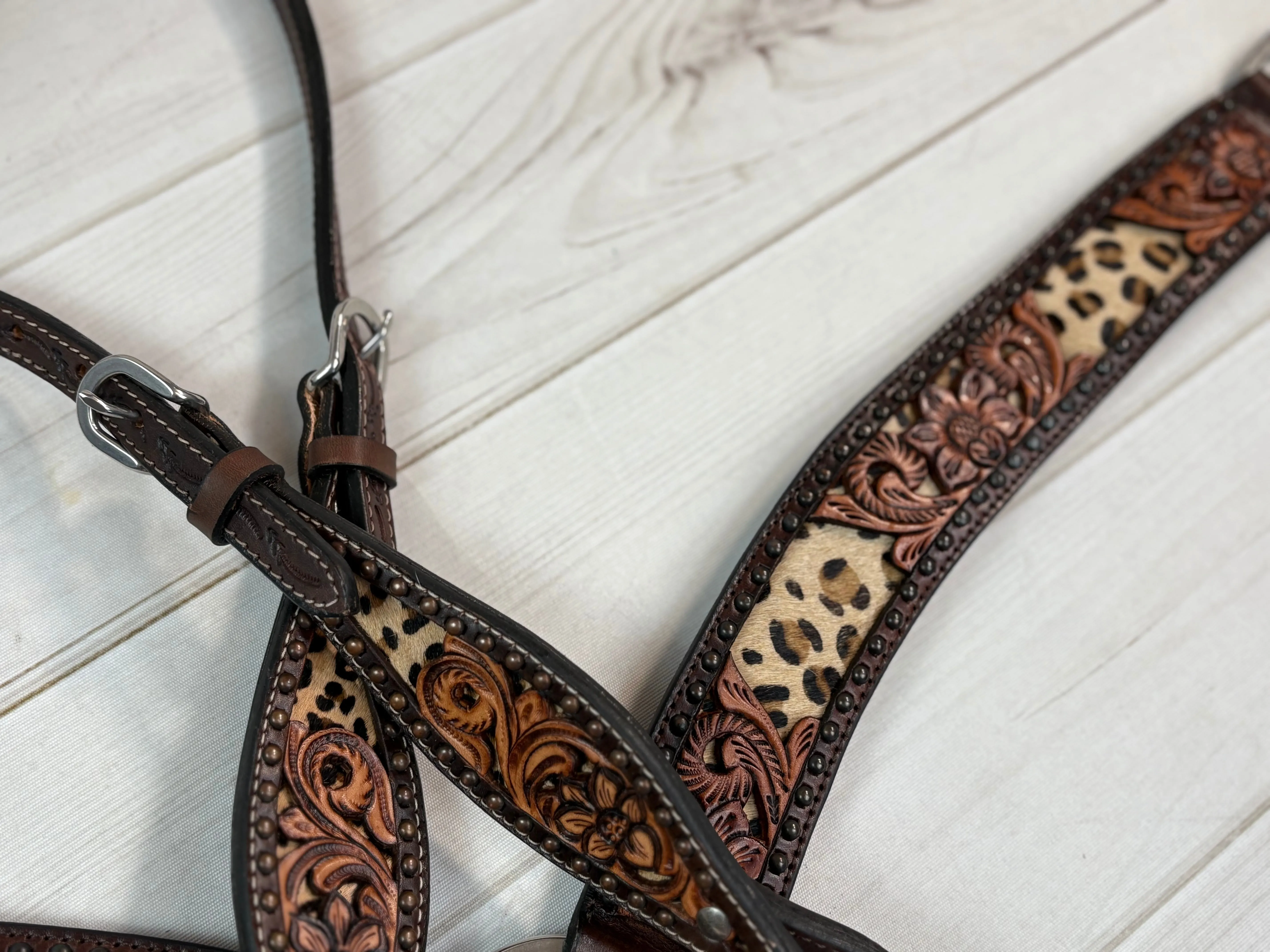 Leopard Inset Floral Tooled Leather Tack Set