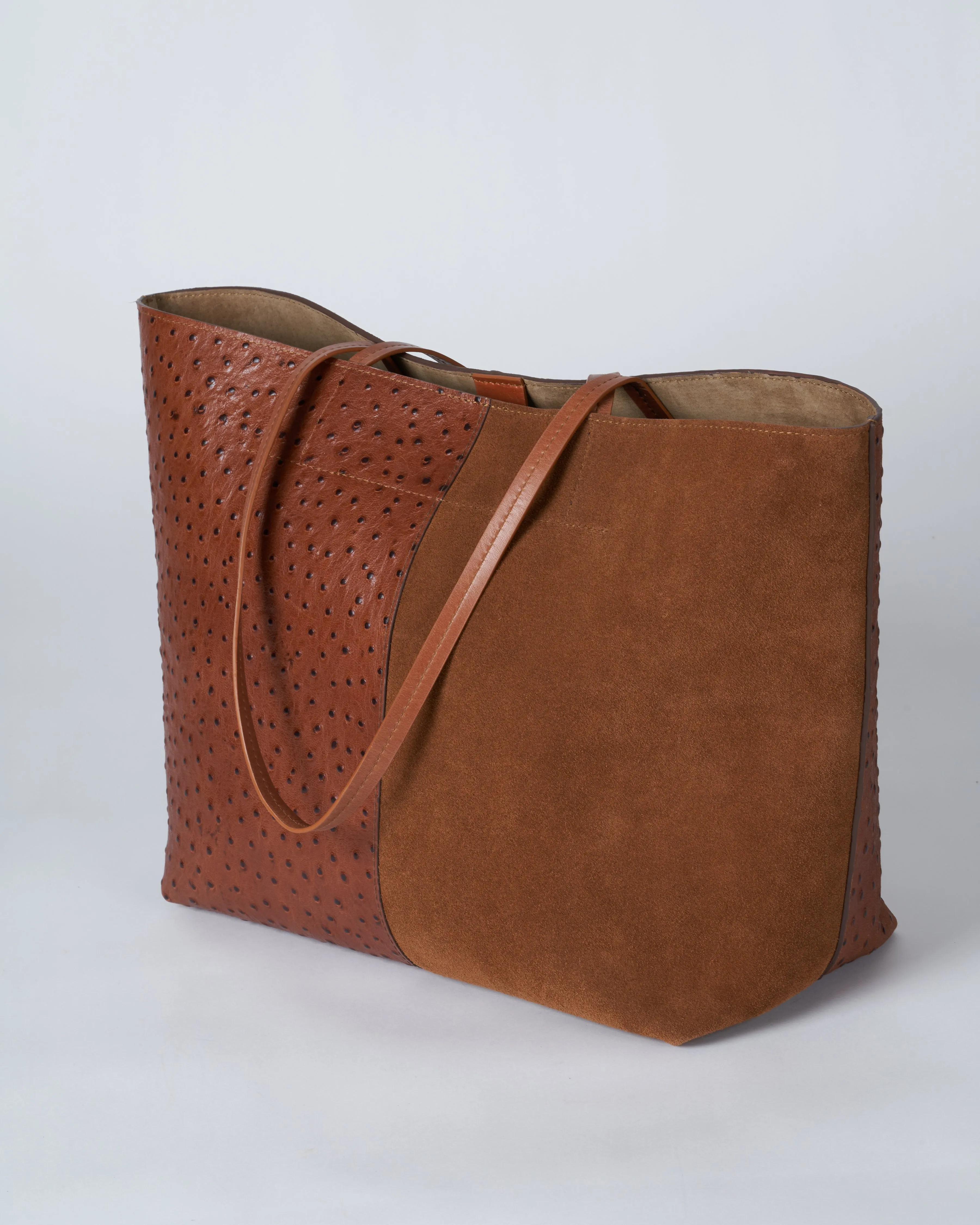 medium essential bag - 2 tone pecan suede/ ostrich