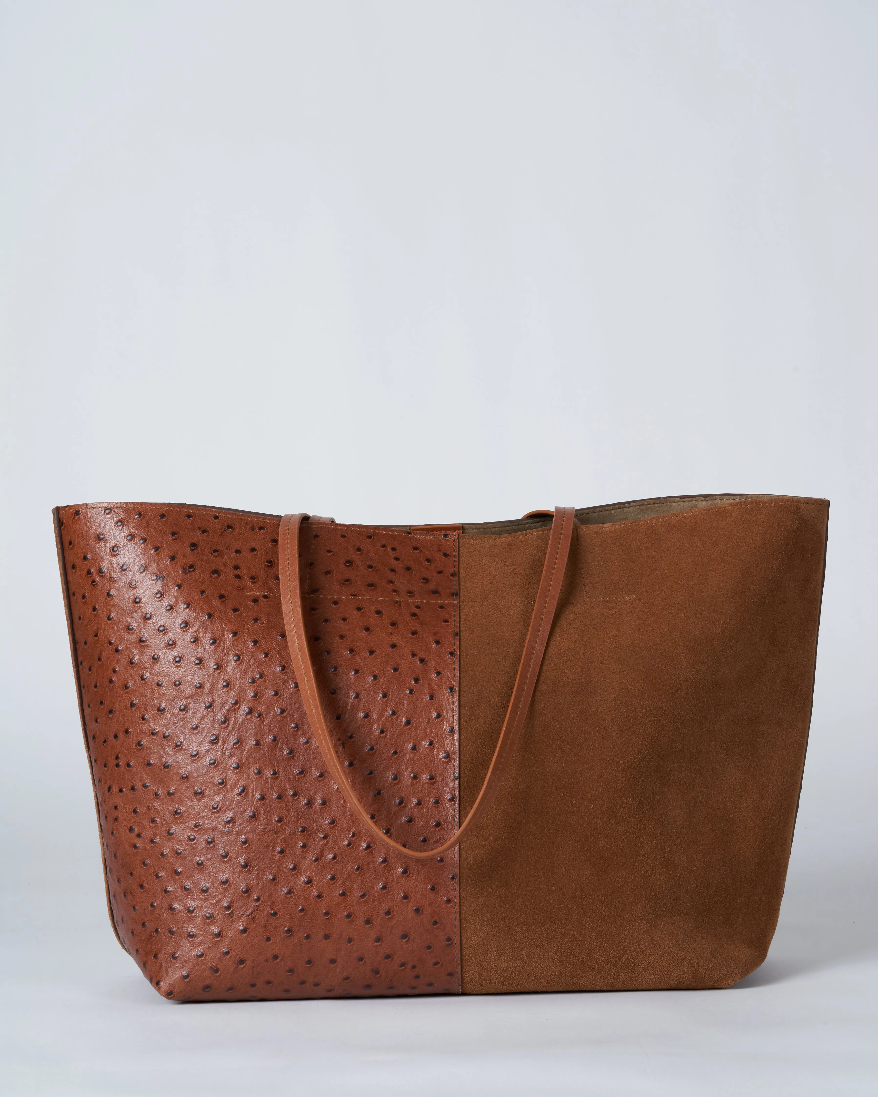 medium essential bag - 2 tone pecan suede/ ostrich