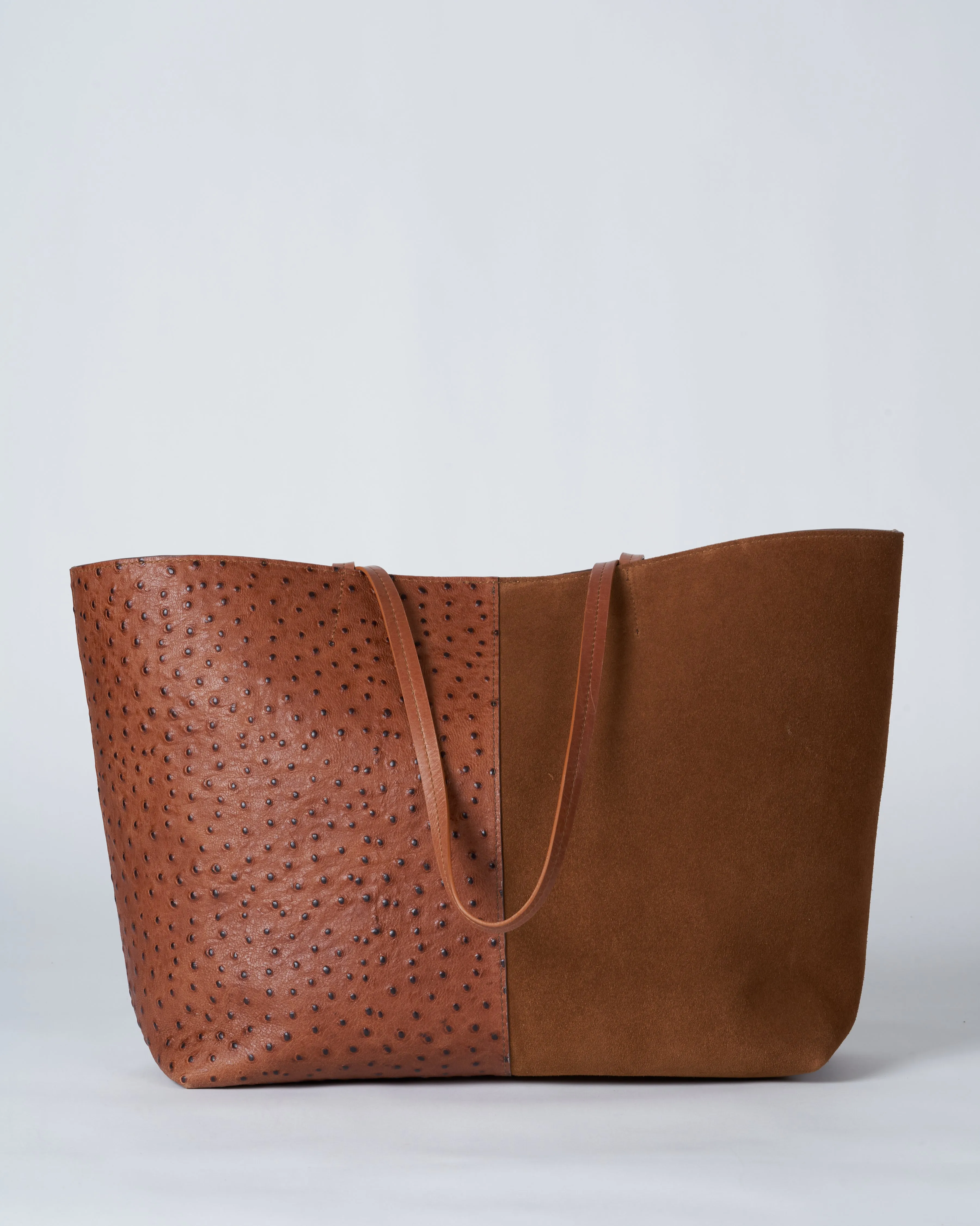 medium essential bag - 2 tone pecan suede/ ostrich