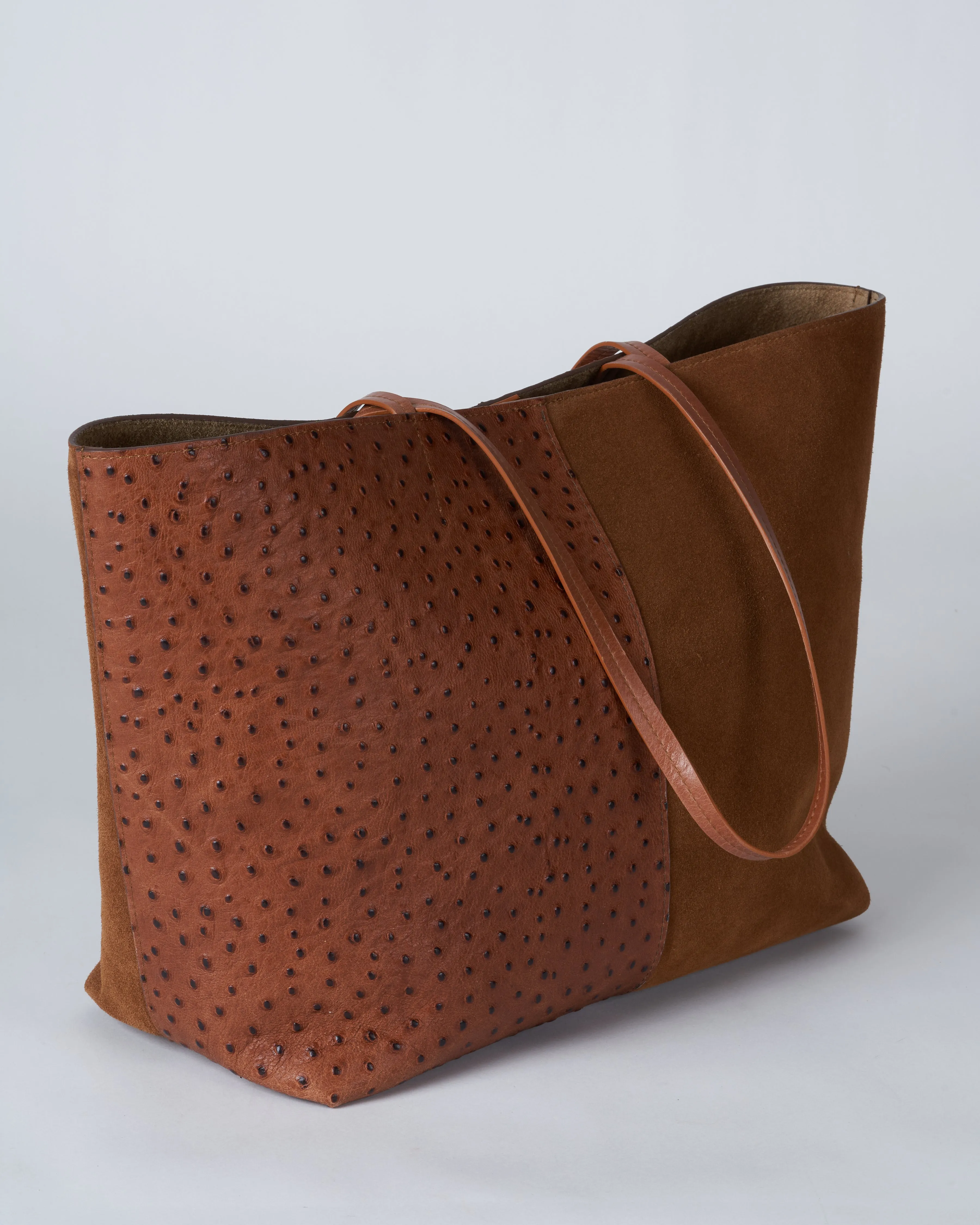 medium essential bag - 2 tone pecan suede/ ostrich