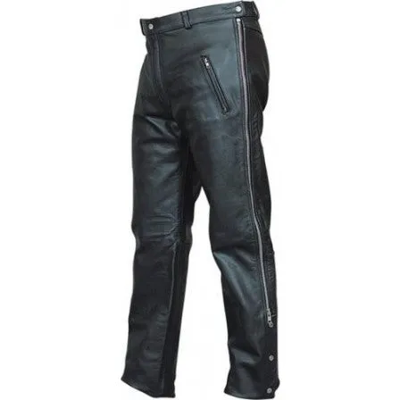 Mens Black Leather Elastic Waistband Motorcycle Chap Pants