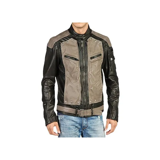 Men's Genuine Leather Biker Jacket with Removable Front & Adjustable Waist