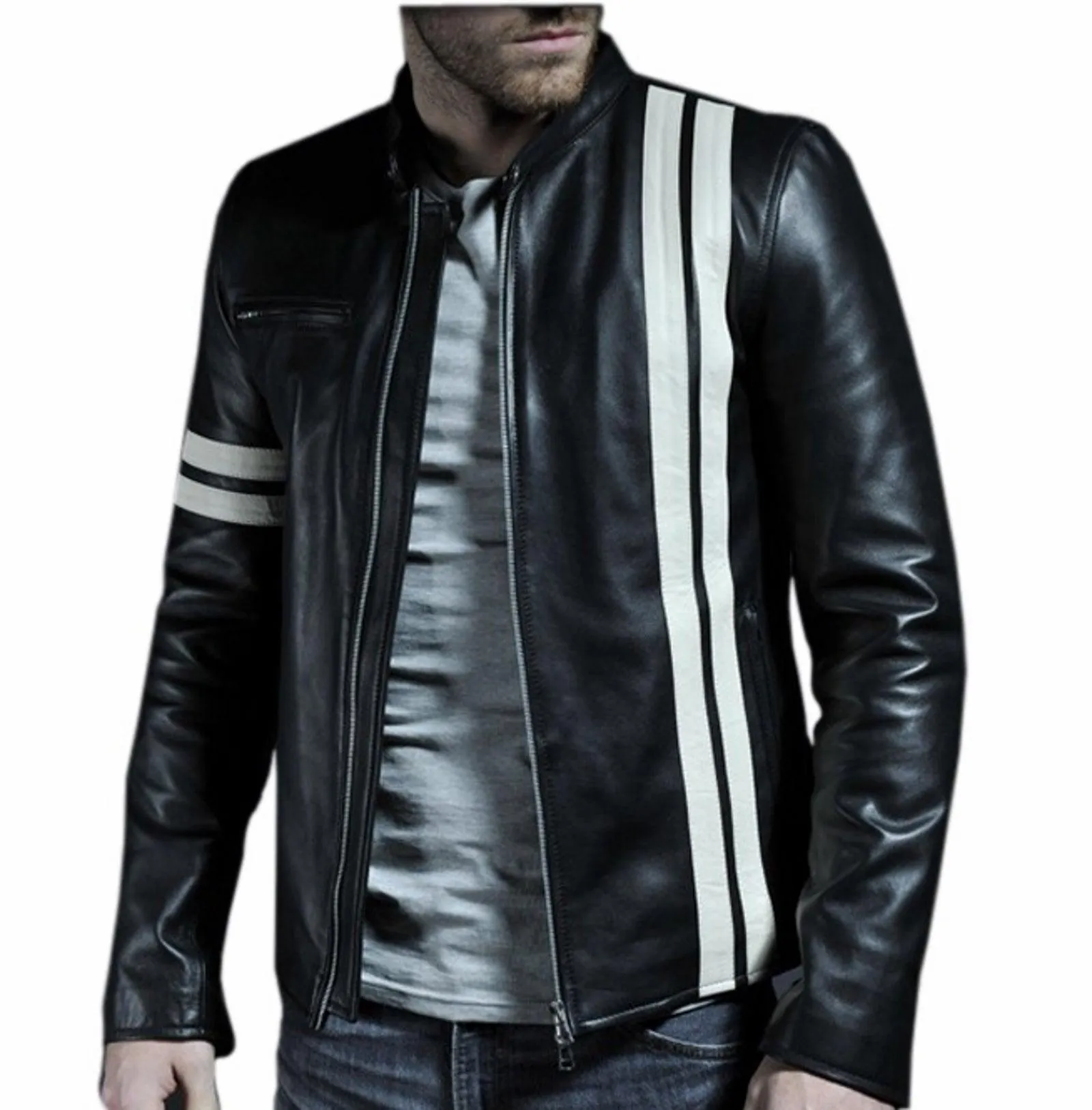 Men's Motorcycle Leather Jacket Black MJ003