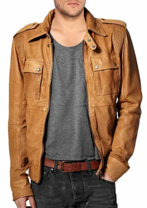 Men's Motorcycle Leather Jacket Tan MJ006