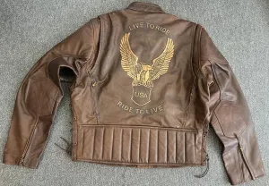 Men's Premium Brown Distressed Leather USA Eagle Embossed Racer Jacket XL
