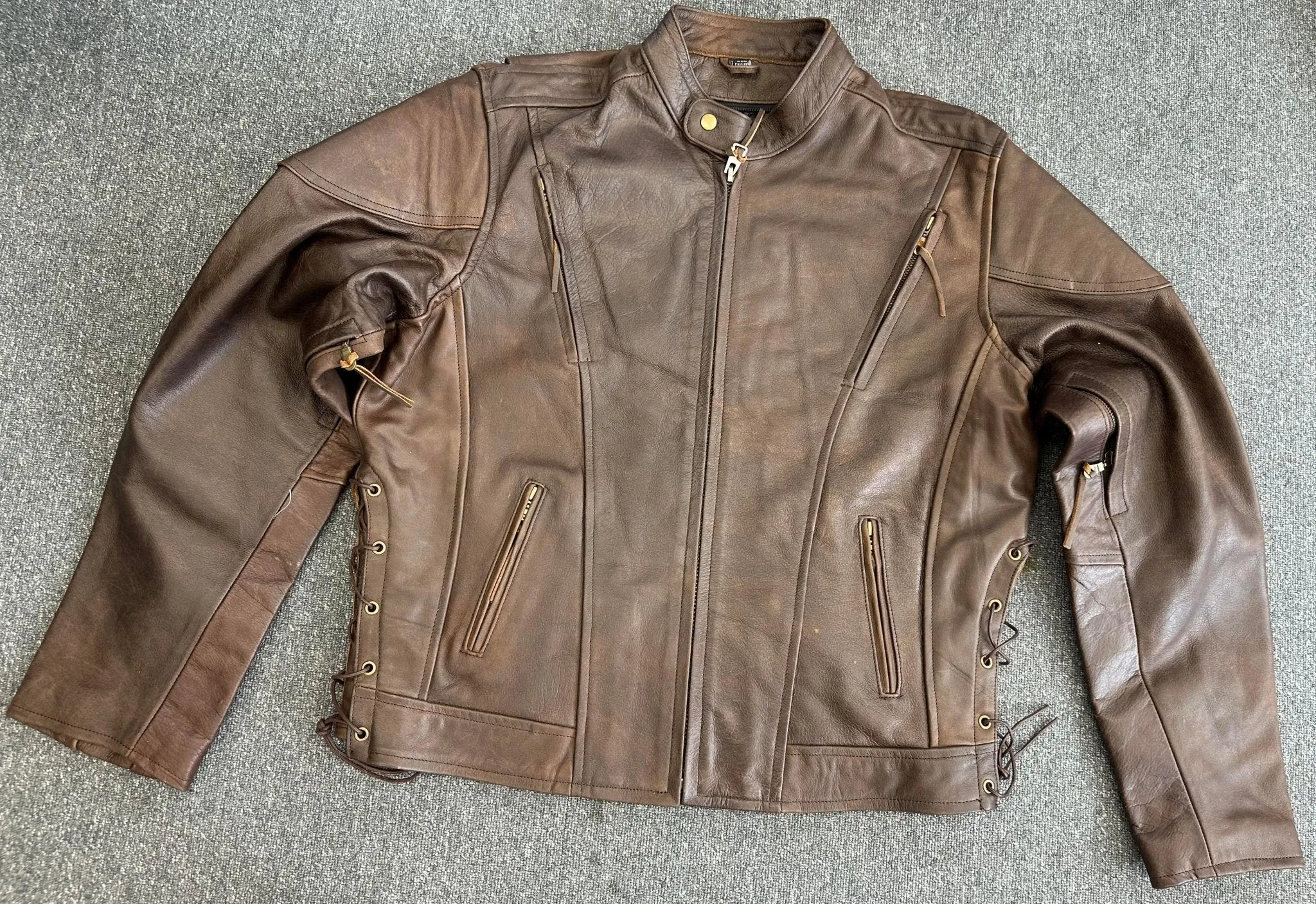 Men's Premium Brown Distressed Leather USA Eagle Embossed Racer Jacket XL