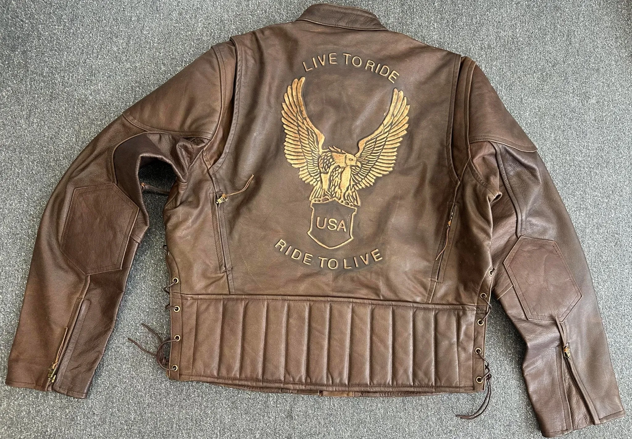 Men's Premium Brown Distressed Leather USA Eagle Embossed Racer Jacket XL