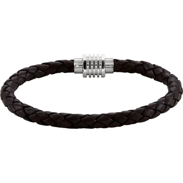Men's Stainless Steel and Dark Brown Braided Leather Bracelet