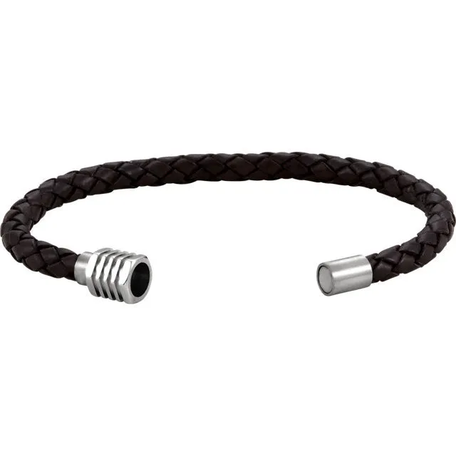 Men's Stainless Steel and Dark Brown Braided Leather Bracelet