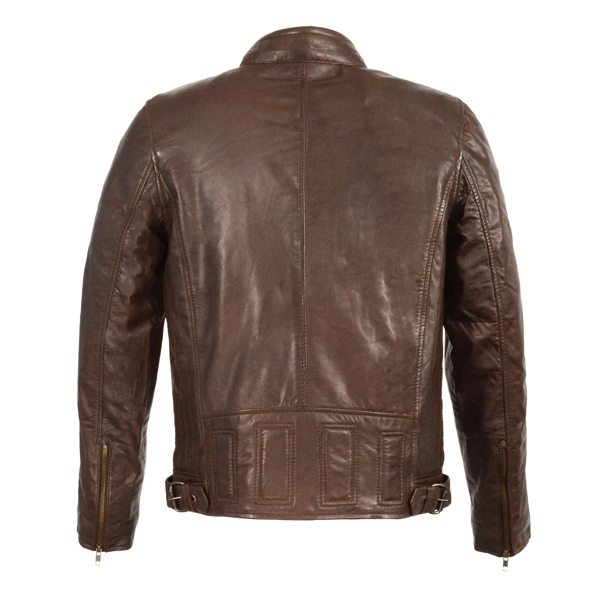 Men's Stand Up Collar Leather Jacket w/ Side Buckles & Lower Back Padding