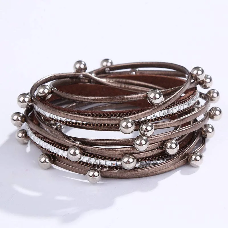 Metal Beads Pearl Multi-Layer PU Leather Bracelet: Coffee   Metal Beads