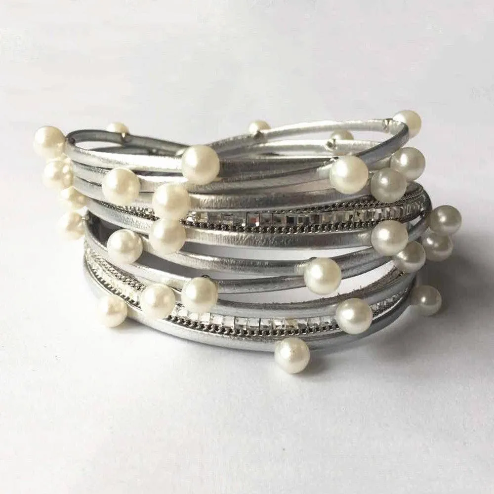 Metal Beads Pearl Multi-Layer PU Leather Bracelet: Coffee   Metal Beads