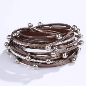 Metal Beads Pearl Multi-Layer PU Leather Bracelet: Coffee   Metal Beads