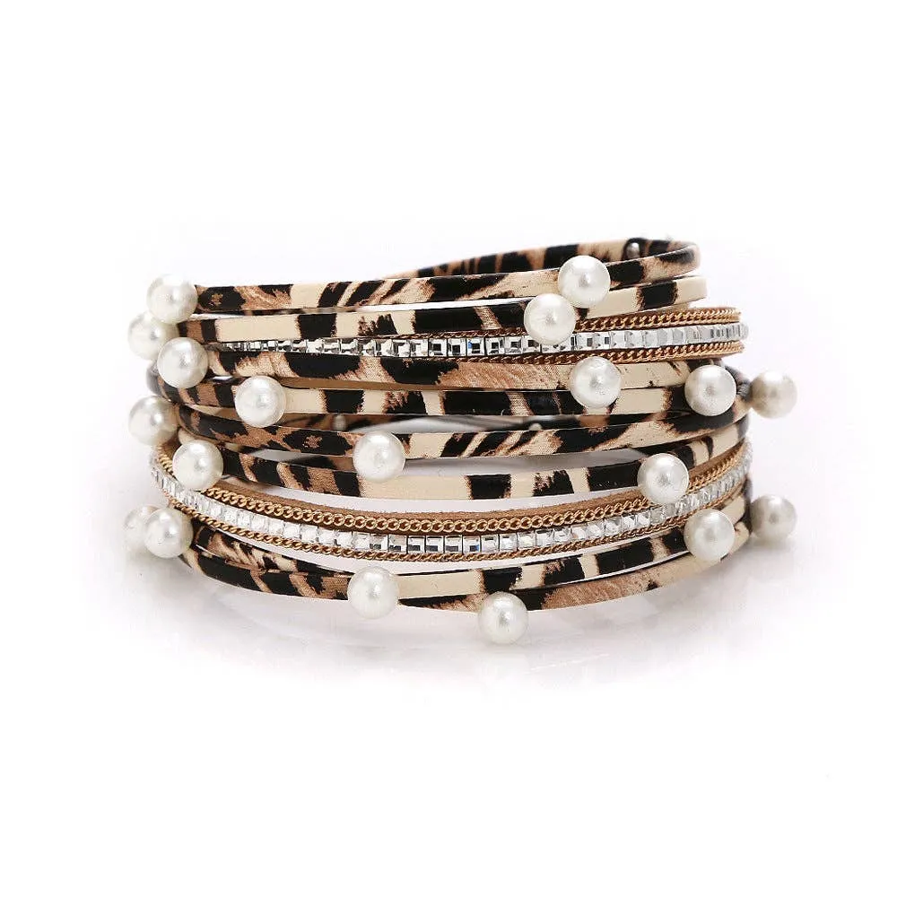 Metal Beads Pearl Multi-Layer PU Leather Bracelet: Coffee   Metal Beads
