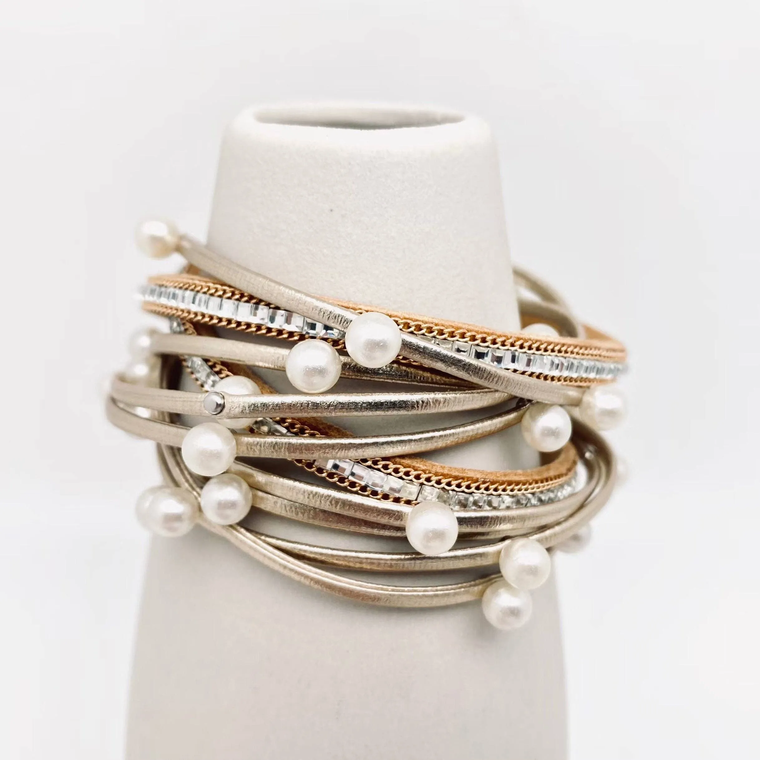 Metal Beads Pearl Multi-Layer PU Leather Bracelet: Silver   Metal Beads