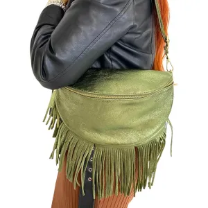 Metallic Green Leather Fringed Crossbody Bag