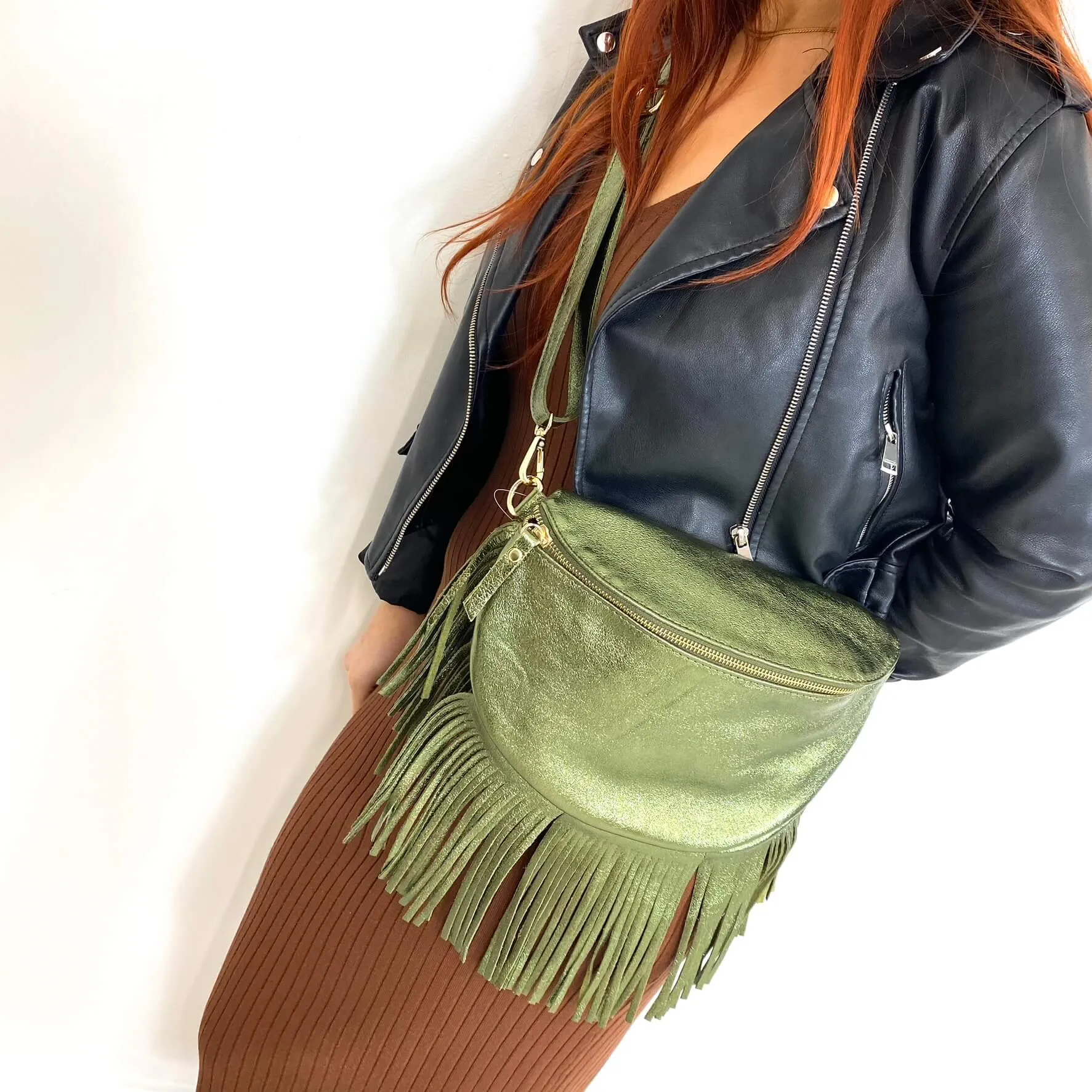 Metallic Green Leather Fringed Crossbody Bag