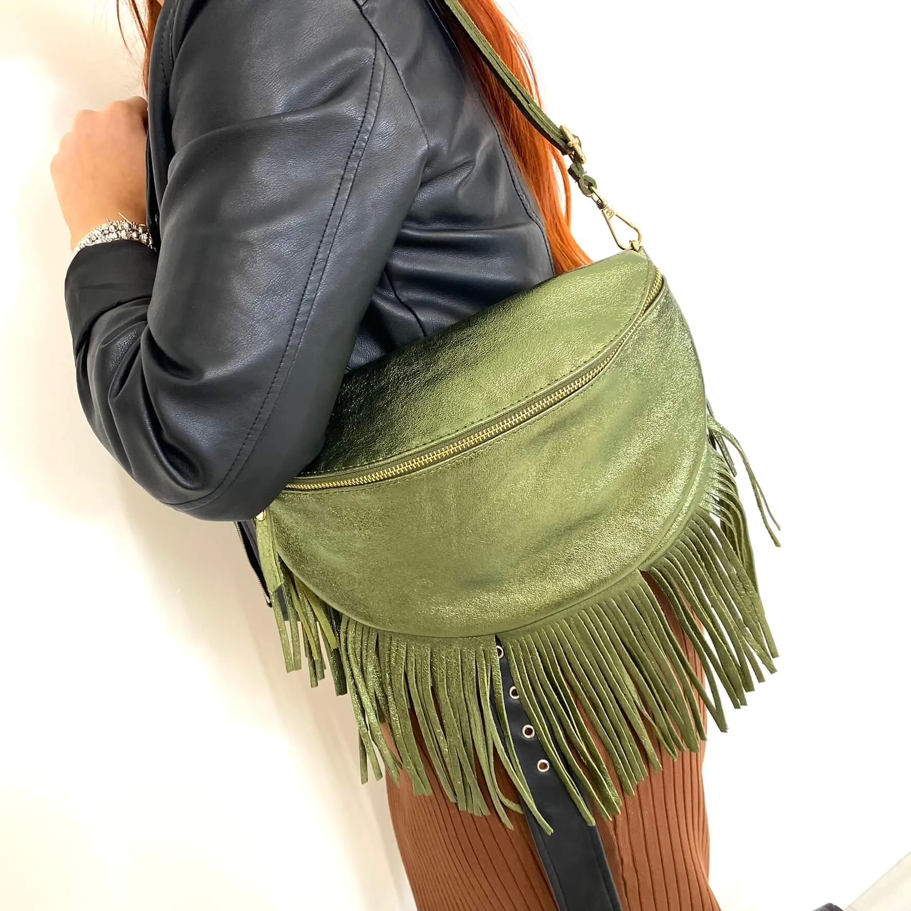 Metallic Green Leather Fringed Crossbody Bag