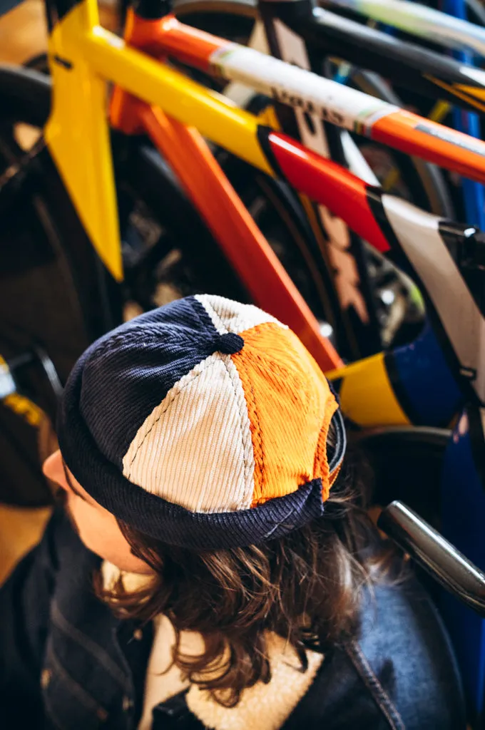MIKI DOCKER HAT PATCHWORK NAVY, BEIGE, ORANGE CORDUROY