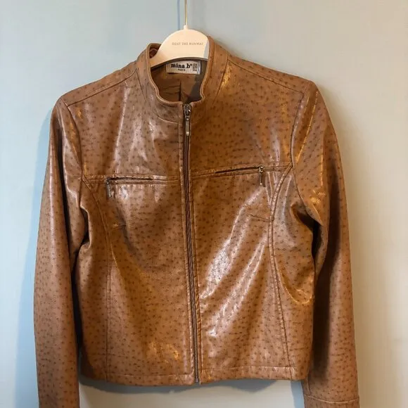 Mina.B Paris Cognac Faux Leather Zippered Jacket front zipper pockets EU40 US6
