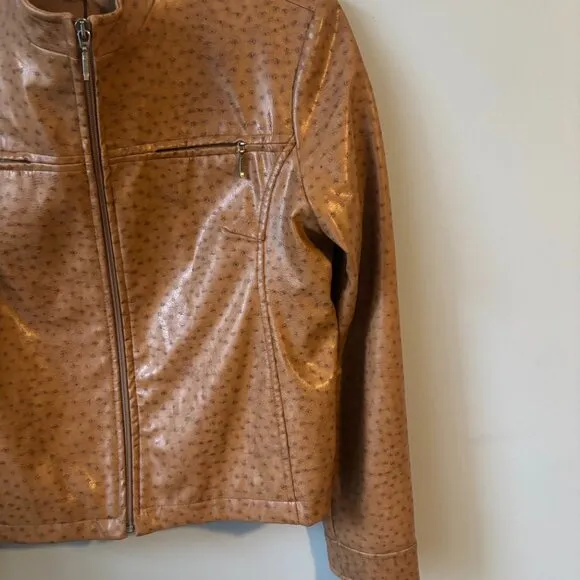 Mina.B Paris Cognac Faux Leather Zippered Jacket front zipper pockets EU40 US6