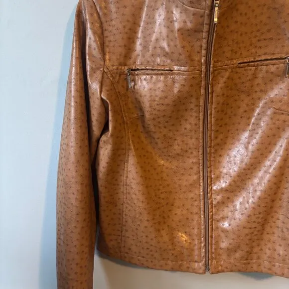 Mina.B Paris Cognac Faux Leather Zippered Jacket front zipper pockets EU40 US6