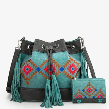 Montana West Aztec Embroidered Bucket Bag Set