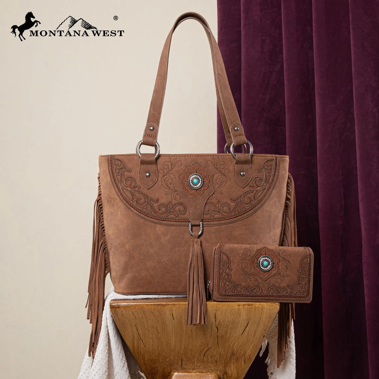 MW1307G-8317W  Montana West Embroidered Concealed Carry Tote with Wallet Set