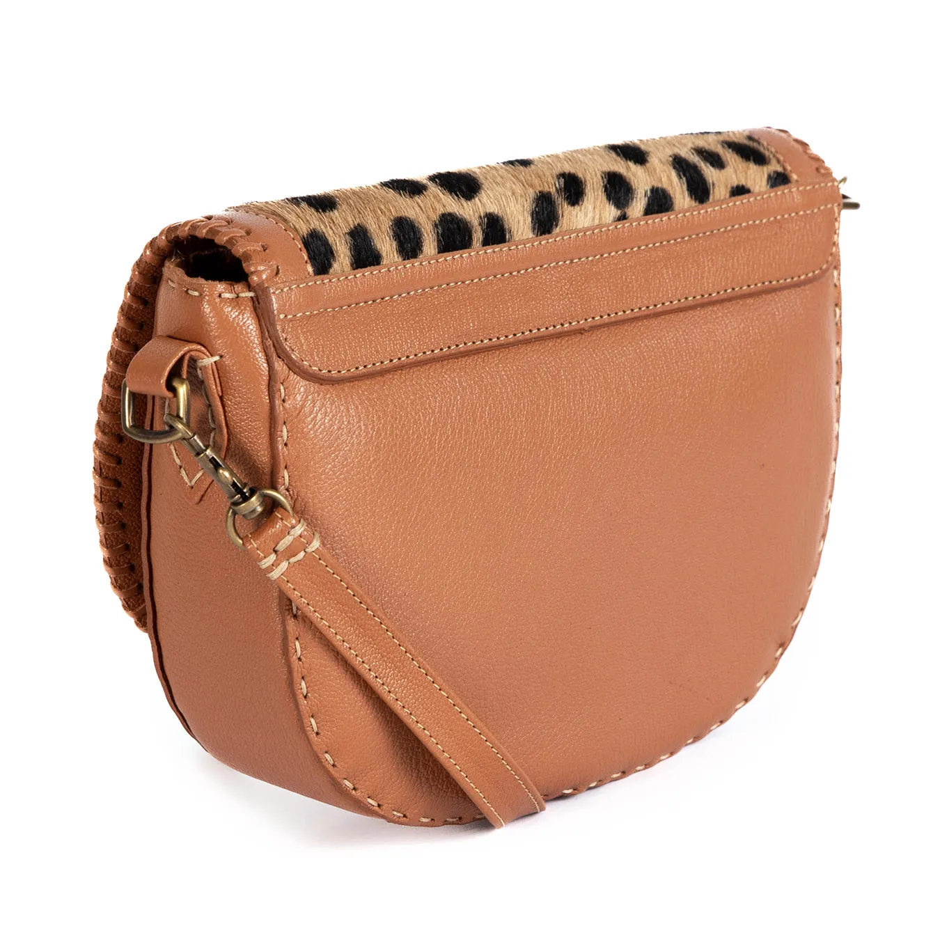 Nadira : Ladies Leather Crossbody Handbag in Oak Cayak & Spotted Print