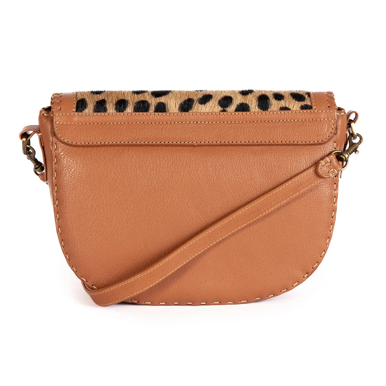 Nadira : Ladies Leather Crossbody Handbag in Oak Cayak & Spotted Print