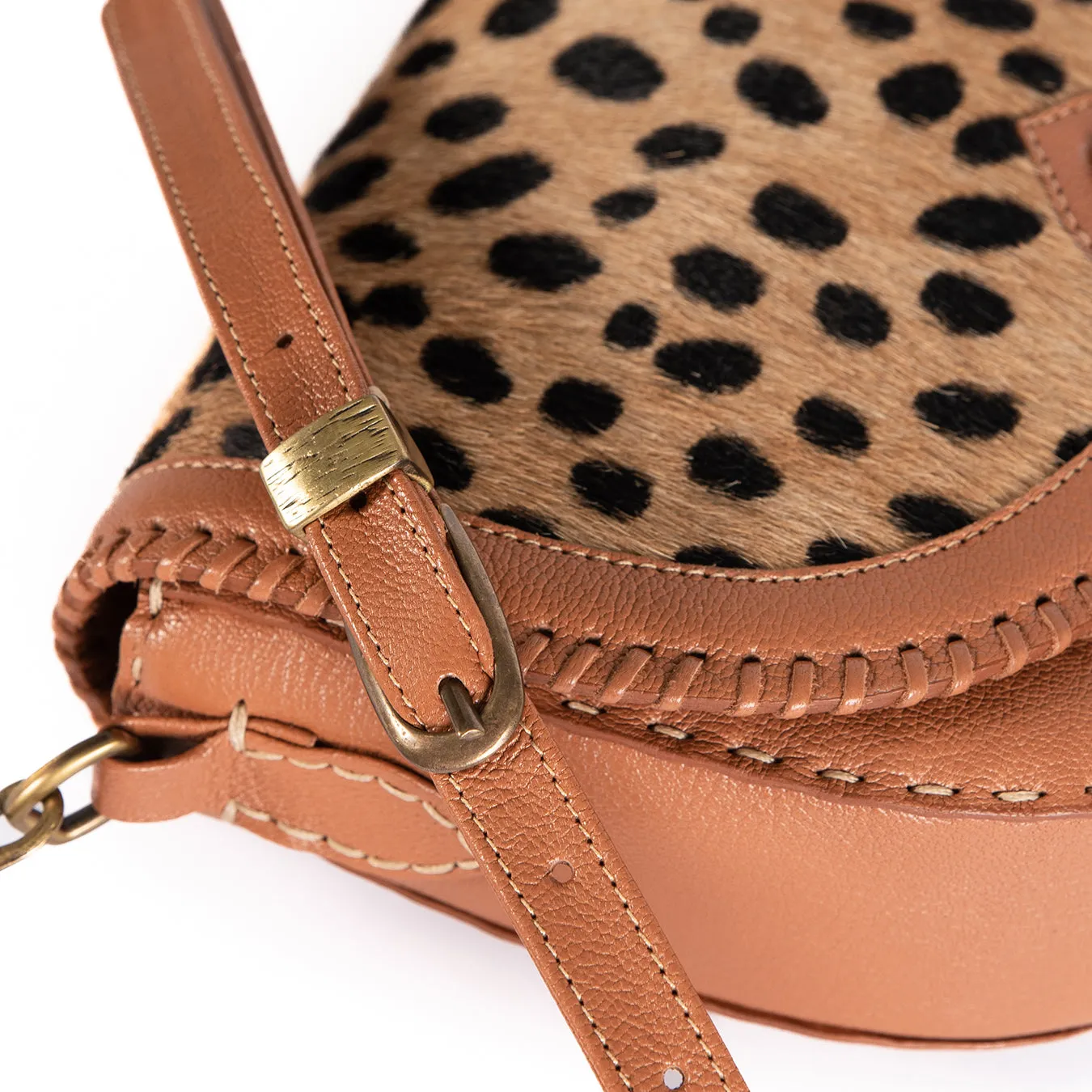 Nadira : Ladies Leather Crossbody Handbag in Oak Cayak & Spotted Print