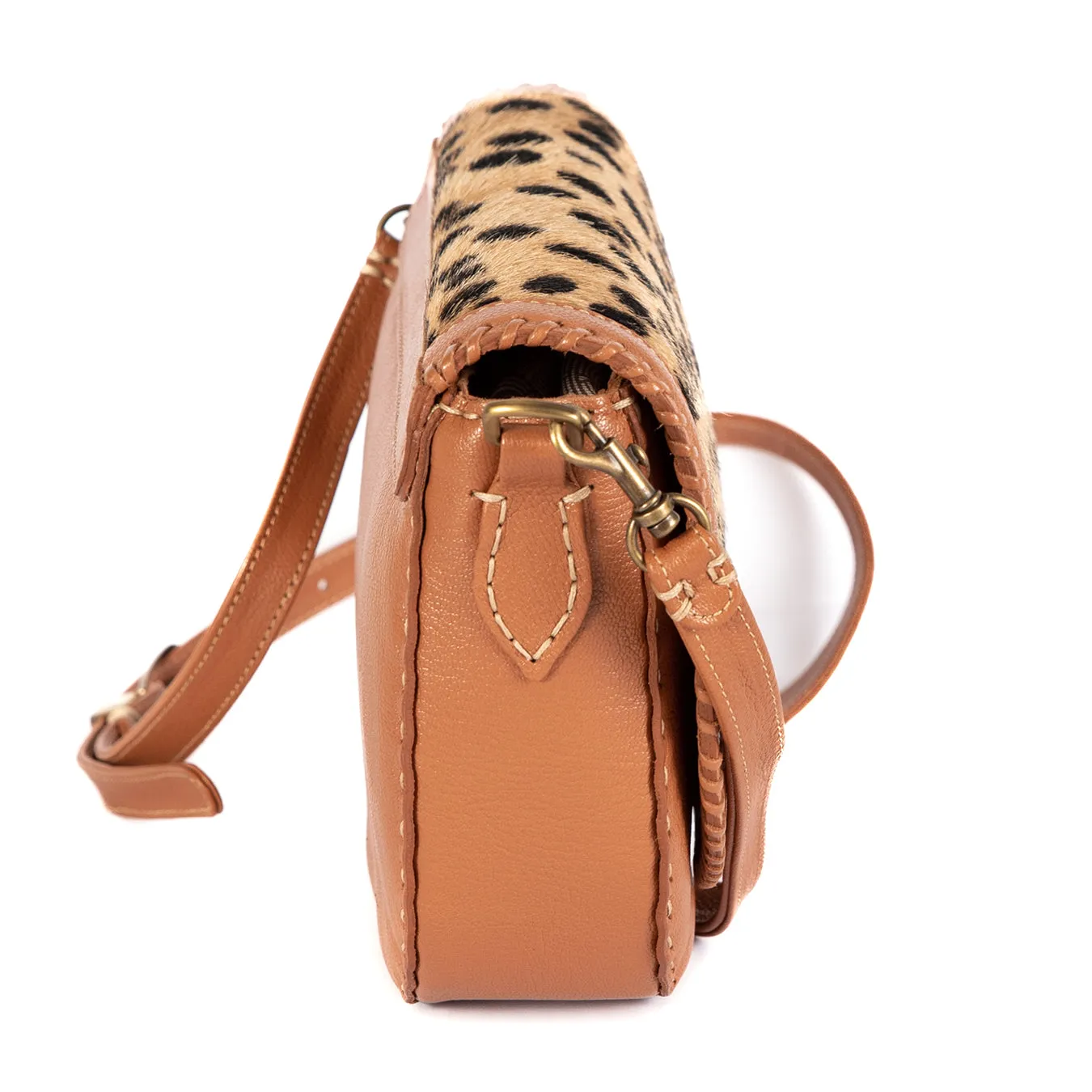 Nadira : Ladies Leather Crossbody Handbag in Oak Cayak & Spotted Print