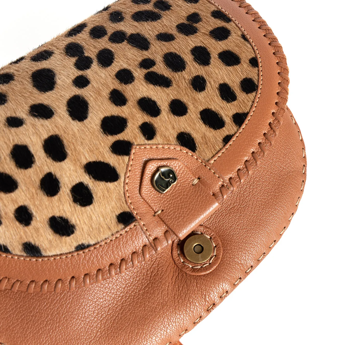 Nadira : Ladies Leather Crossbody Handbag in Oak Cayak & Spotted Print