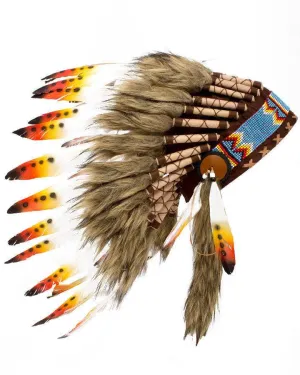 Native American Indian Headdress Yellow Red Chief Feather War Bonnet