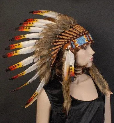 Native American Indian Headdress Yellow Red Chief Feather War Bonnet