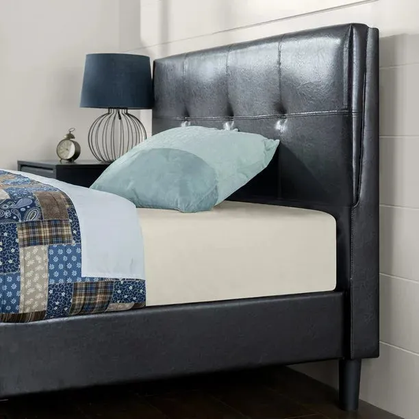 New in box! FULL/DOUBLE Zinus Espresso Faux Leather Detail-Stitched Upholstered Platform Bed Frame with Headboard! NOTE: Has small rip in seam lower right back of headboard, could patch, not visible upon installation! Retails $340 