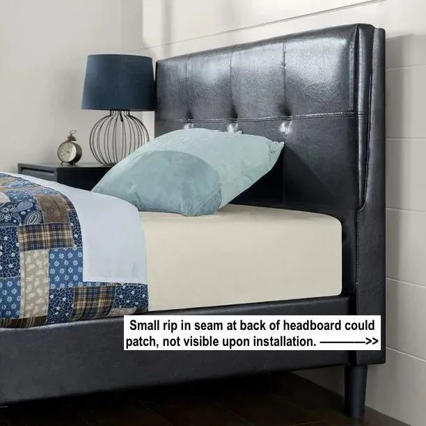 New in box! FULL/DOUBLE Zinus Espresso Faux Leather Detail-Stitched Upholstered Platform Bed Frame with Headboard! NOTE: Has small rip in seam lower right back of headboard, could patch, not visible upon installation! Retails $340 