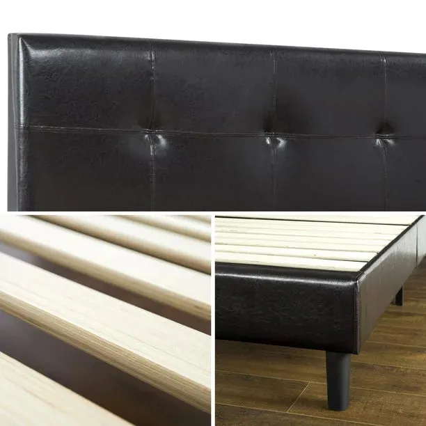 New in box! FULL/DOUBLE Zinus Espresso Faux Leather Detail-Stitched Upholstered Platform Bed Frame with Headboard! NOTE: Has small rip in seam lower right back of headboard, could patch, not visible upon installation! Retails $340 