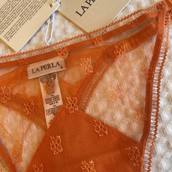 NEW! LA PERLA Silk Sheer Lace Mesh Thong G-String Coral Orange Size M L