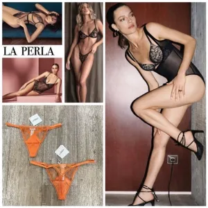NEW! LA PERLA Silk Sheer Lace Mesh Thong G-String Coral Orange Size M L