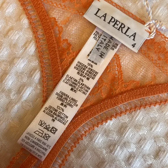 NEW! LA PERLA Silk Sheer Lace Mesh Thong G-String Coral Orange Size M L