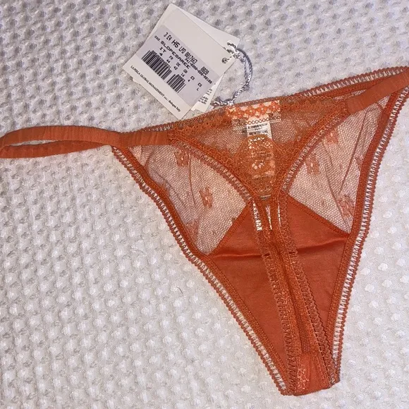 NEW! LA PERLA Silk Sheer Lace Mesh Thong G-String Coral Orange Size M L