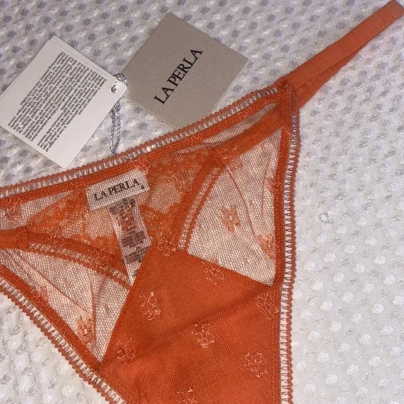 NEW! LA PERLA Silk Sheer Lace Mesh Thong G-String Coral Orange Size M L