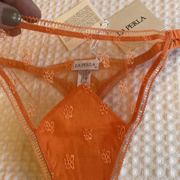 NEW! LA PERLA Silk Sheer Lace Mesh Thong G-String Coral Orange Size M L